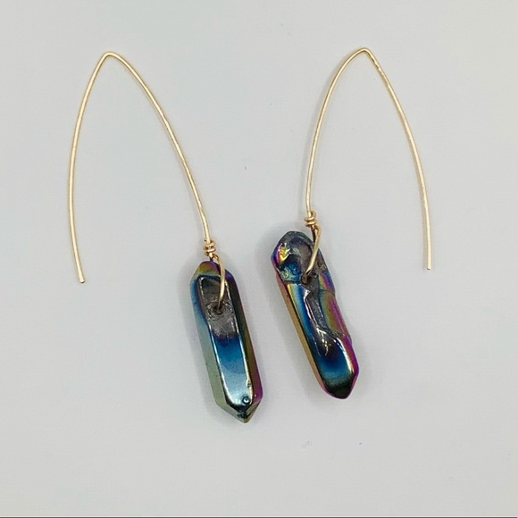 NEW Earrings Quartz Crystal Points Titanium Coated Oil Slick Gold Tone Ear Wires - Picture 6 of 10